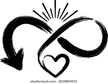 Black grunge brush infinity heart arrow symbol with sunburst ray, everlasting love romantic graphic icon element design