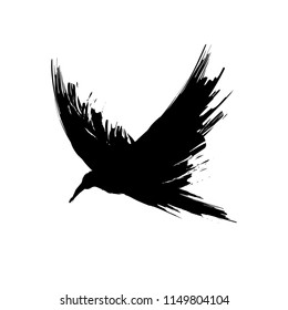 Black grunge brush raven silhouette isolated on white background
