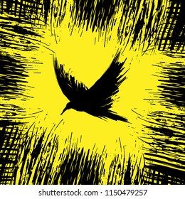 Black grunge brush raven silhouette isolated on yellow background