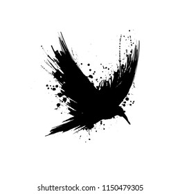 Black grunge brush raven silhouette isolated on white background