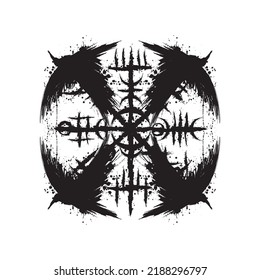 Black grunge brush ravens circle silhouette with viking vegvisir symbol isolated on white background