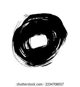 Black grunge brush stroke in circle form. Painted ink circle. Ink spot isolated on white background. Vector illustration