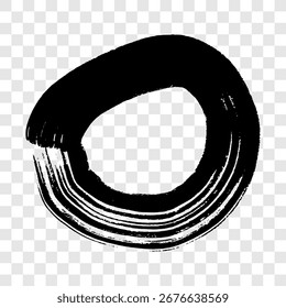 Black grunge brush stroke in circle form. Painted ink circle. Ink spot isolated on transparent background. Vector illustration