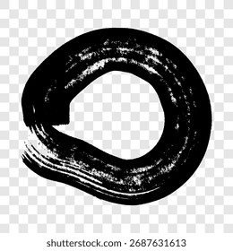 Black grunge brush stroke in circle form. Painted ink circle. Ink spot isolated on transparent background. Vector illustration