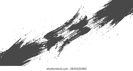 Black grunge brush stroke, distressed paint streak, abstract ink texture, rough brush swipe, expressive artistic mark. A dynamic black brush sweep with fragmented dry-brush edges, scattered paint speckles, and naturally broken coverage creates a bold handcrafted texture that conveys motion, contrast, and contemporary creative energy. Ideal for branding assets, poster graphics, apparel prints, packaging design, advertising materials, website banners, social media content, and editorial compositions.