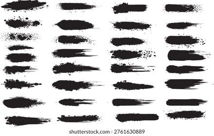 Black Grunge Brush Stroke Mega Set Featuring Distressed Ink Splatter Textures and Dirty Artistic Paint Smear Vector Design Elements