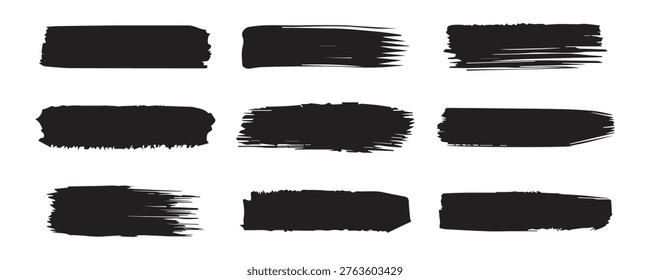  Black grunge brush stroke set. Hand drawn ink paint lines and distressed censorship bars. Professional vector asset pack for urban street art design.