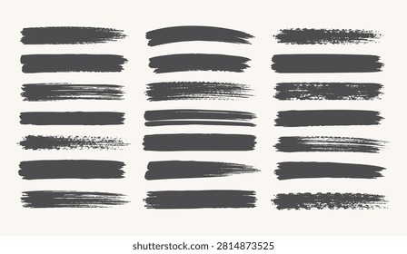 Black Grunge Brush Stroke Set, Hand Drawn Paint Marker Underlines, Dry Ink Smears, Rough Brush Strokes, Distressed Highlight Banner Collection, Vector Design Elements Isolated on White Background