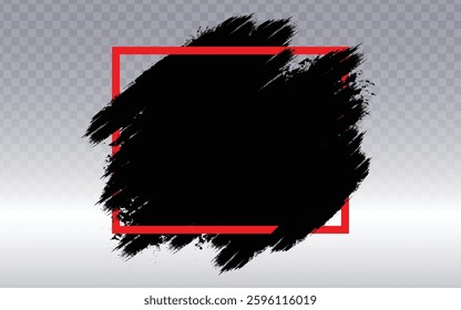 Black Grunge Brush Stroke Vector: Red Square Border, Light Checkered Background, Jagged Edges, Raw Texture, Hand-Painted Effect, Distressed Design, Transparent Element, Edgy Art, Bold Stroke.