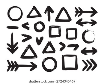 Schwarzer Grunge Pinsel Strich Vektorsatz. Im Doodle-Stil isolierte künstlerische Symbole, Zeiger und geometrische Formen.
