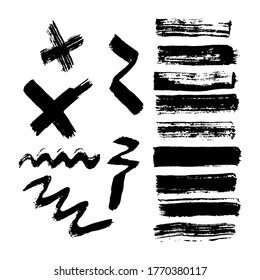 Black grunge brush strokes. Big set of painted brush ink wave lines, stripes and crosses. Ink spot isolated on white background. Vector illustration