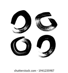 Black grunge brush strokes in circle form. Set of four painted ink circles. Ink spot isolated on white background. Vector illustration