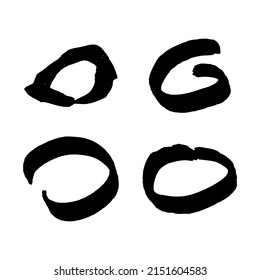 Black grunge brush strokes in circle form. Set of four painted ink circles. Ink spot isolated on white background. Vector illustration