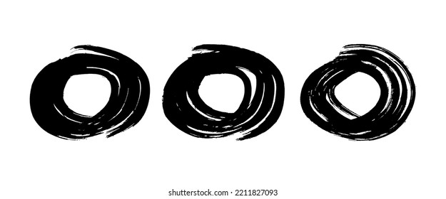 Black grunge brush strokes in circle form. Set of three painted ink circles. Ink spot isolated on white background. Vector illustration