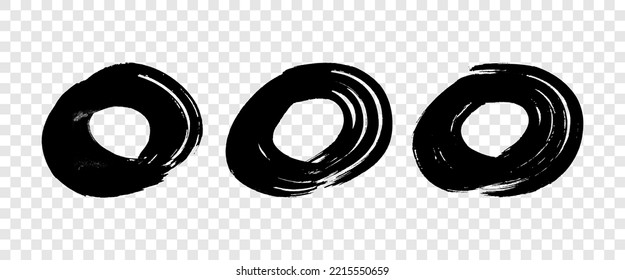 El pincel negro grunge se pincha en forma circular. Conjunto de tres círculos de tinta pintados. Punto de tinta aislado sobre fondo transparente. Ilustración del vector