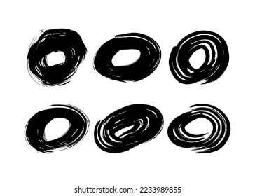Black grunge brush strokes in circle form. Set of painted ink circles. Ink spot isolated on white background. Vector illustration