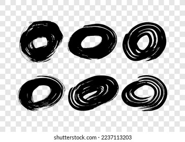Black grunge brush strokes in circle form. Set of painted ink circles. Ink spot isolated on transparent background. Vector illustration