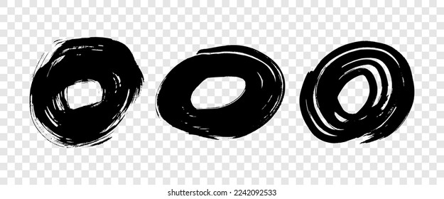 Black grunge brush strokes in circle form. Set of three painted ink circles. Ink spot isolated on transparent background. Vector illustration