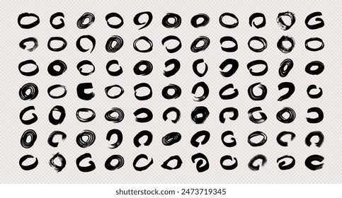 Pinceladas negras de grunge en forma de círculo. Gran conjunto de círculos de tinta pintada. Mancha de tinta aislada sobre fondo transparente. Ilustración vectorial