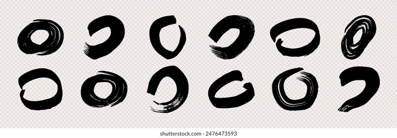 Black grunge brush strokes in circle form. Set of painted ink circles. Ink spot isolated on transparent background. Vector illustration