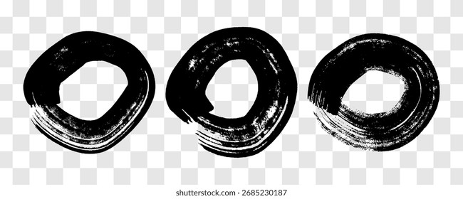 Black grunge brush strokes in circle form. Set of three painted ink circles. Ink spot isolated on transparent background. Vector illustration