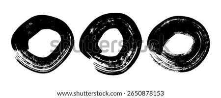 Black grunge brush strokes in circle form. Set of three painted ink circles. Ink spot isolated on white background. Vector illustration