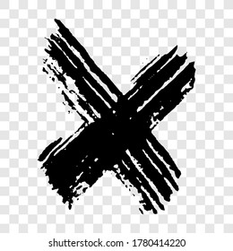 Black grunge brush strokes. Black cross painted with a brush. Ink spot isolated on transparent background. Vector illustration