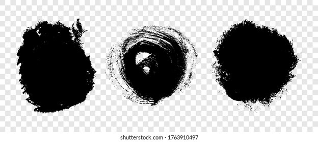 Black grunge brush strokes. Set of three painted brush ink stains. Ink spot isolated on transparent background. Vector illustration