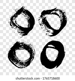 Black grunge brush strokes. Set of four painted rounded shapes. Ink circle spot isolated on transparent background. Vector illustration