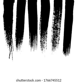 Black grunge brush strokes. Set of six painted ink stripes. Ink spot isolated on white background. Vector illustration