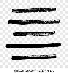 Ataques de pincel de grunge negro. Conjunto de cinco rayas de tinta pintadas. Punto de tinta aislado sobre fondo transparente. Ilustración del vector