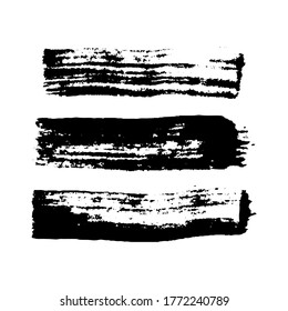 Ataques de pincel de grunge negro. Conjunto de tres franjas de tinta de pincel pintadas. Punto de tinta aislado sobre fondo blanco. Ilustración del vector