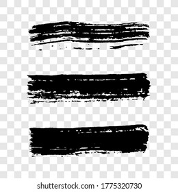 Black grunge brush strokes. Set of three painted brush ink stripes. Ink spot isolated on transparent background. Vector illustration