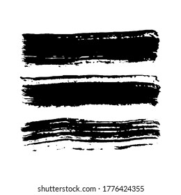 Black grunge brush strokes. Set of three painted brush ink stripes. Ink spot isolated on white background. Vector illustration