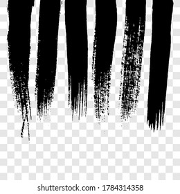 Black grunge brush strokes. Set of six painted ink stripes. Ink spot isolated on transparent background. Vector illustration