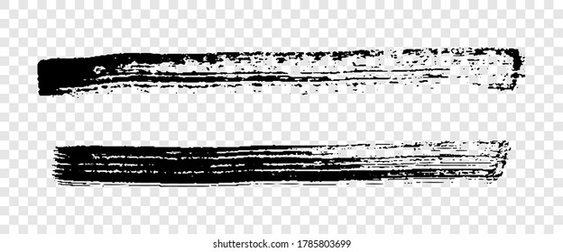 Black grunge brush strokes. Set of two painted ink stripes. Ink spot isolated on transparent background. Vector illustration