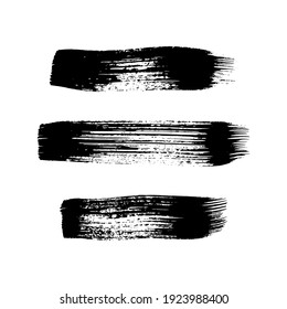 Black grunge brush strokes. Set of three painted ink stripes. Ink spot isolated on white background. Vector illustration