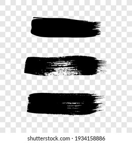 Black grunge brush strokes. Set of three painted ink stripes. Ink spot isolated on transparent background. Vector illustration