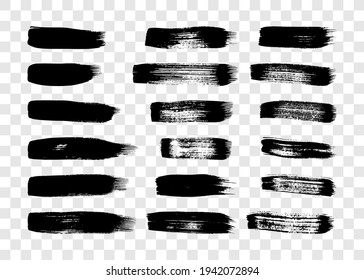 Ataques de pincel de grunge negro. Conjunto de dieciocho franjas de tinta pintadas. Punto de tinta aislado sobre fondo transparente. Ilustración del vector