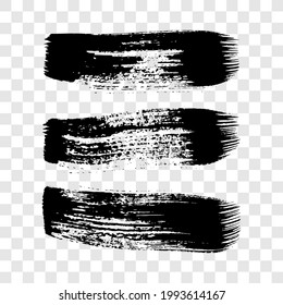 Black grunge brush strokes. Set of three painted ink stripes. Ink spot isolated on white transparent background. Vector illustration