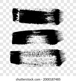 Black grunge brush strokes. Set of three painted ink stripes. Ink spot isolated on white transparent background. Vector illustration