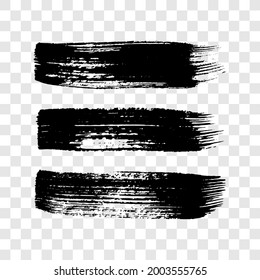 Black grunge brush strokes. Set of three painted ink stripes. Ink spot isolated on white transparent background. Vector illustration