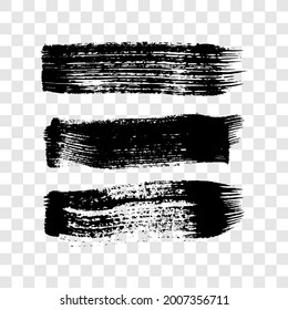 Black grunge brush strokes. Set of three painted ink stripes. Ink spot isolated on white transparent background. Vector illustration
