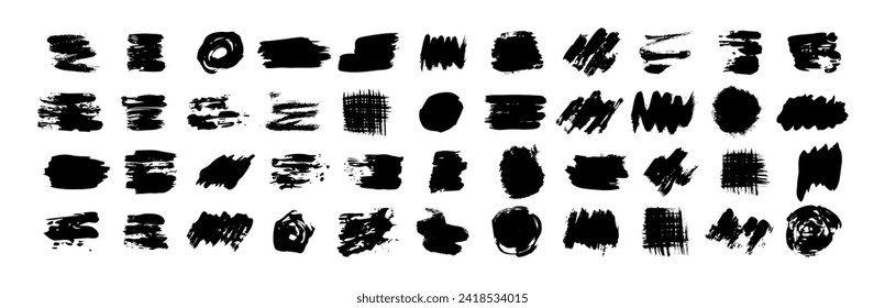 Ataques de pincel de grunge negro. Conjunto de manchas negras de tinta de pincel pintadas a mano. manchas de tinta aisladas en un fondo blanco. Ilustración del vector