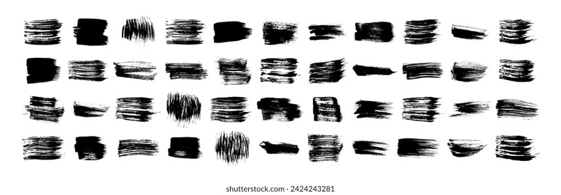Black grunge brush strokes. Set of black hand-painted brush ink stains. Ink spots isolated on a white background. Vector illustration