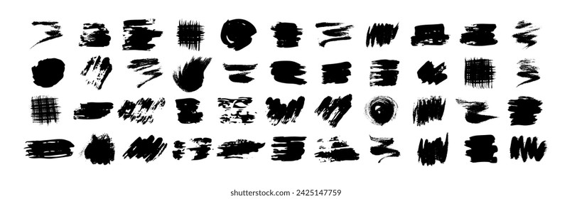 Black grunge brush strokes. Set of black hand-painted brush ink stains. Ink spots isolated on a white background. Vector illustration