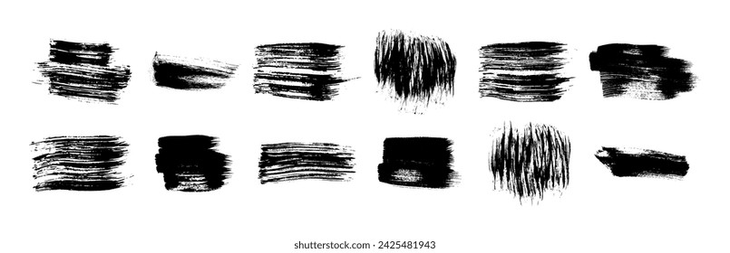 Black grunge brush strokes. Set of black hand-painted brush ink stains. Ink spots isolated on a white background. Vector illustration