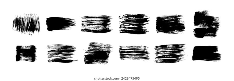 Black grunge brush strokes. Set of black hand-painted brush ink stains. Ink spots isolated on a white background. Vector illustration