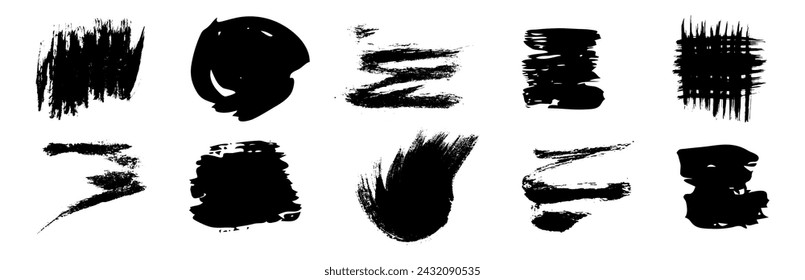 Black grunge brush strokes. Set of black hand-painted brush ink stains. Ink spots isolated on a white background. Vector illustration