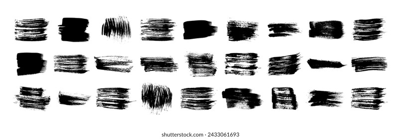 Black grunge brush strokes. Set of black hand-painted brush ink stains. Ink spots isolated on a white background. Vector illustration